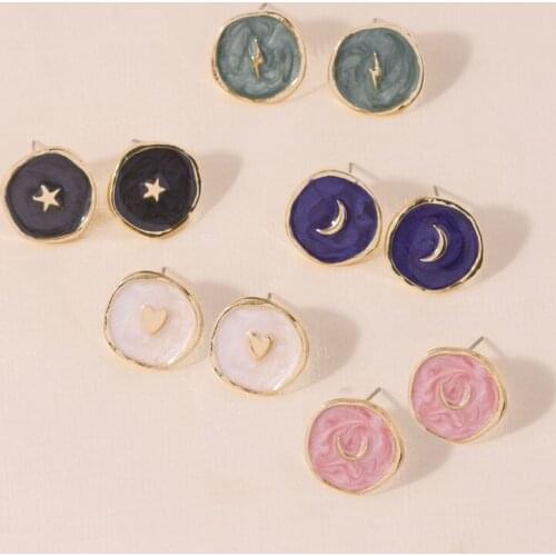 Harajuku Enamel Lightning Star Moon Stud Earrings for Women Sweet Gold Heart Round Earring Studs Girl Fashion Jewelry Lover Gift