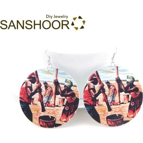 SANSHOOR Painting African Artistic Wood Drop Earrings Blacks Hard Working Afrocentric Ethnic Jewelry For Women Gifts 1Pair