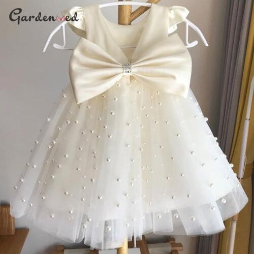Pearl Ivory Flower GIrl Dresses Tulle Puffy Princess Dress Gril Satin Bow Net First Communion Dresses Little Girl Birthday Dress