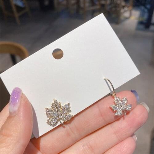 SHELA High Quality S925 Sterling SilverPins Cubic Zirconia Maple Leaf Asymmetric Stud Earrings Rings For Women Fashion Jewelry