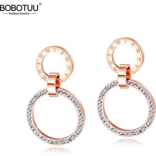 BOBOTUU Rose Gold Double Round CZ Crystal Stud Earrings For Women Roman Numeral Stainless Steel Ear Jewelry Pendientes BE17097