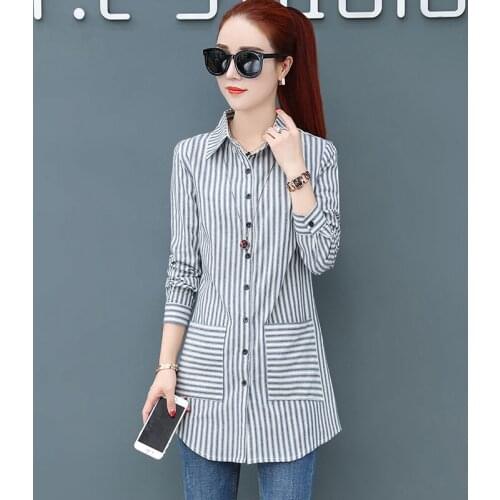 Women Spring Autumn Style Blouses Shirts Lady Casual Long Style Striped Printed Blusas Tops with Pocket DD8235