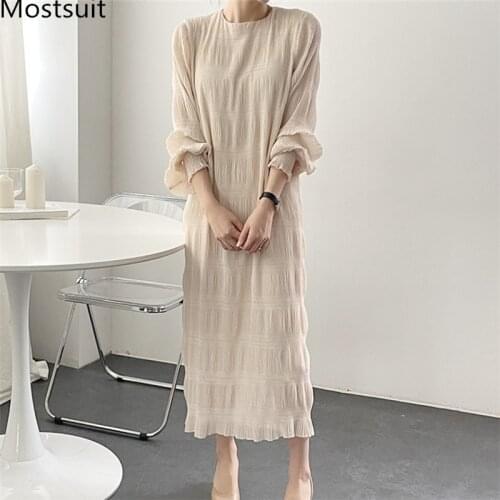 Korean Chiffon Women Long Dress Lantern Sleeve O-neck Straight Dresses Vintage Elegant Loose Ladies Vestidos Femme 2021