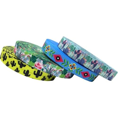 10Y 16mm Lotus Tropical Cactus Geometry Printed Fold Over Elastic Bands DIY Crafts Strap Bracelet Accessories Party Decoration