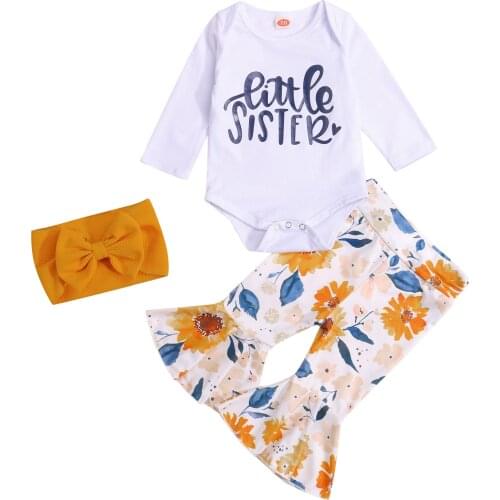 3Pcs Baby Outfits, Letters Long Sleeves Romper + Flower Print Flare Trousers + Headband for Toddler Girls, 0-18 Months