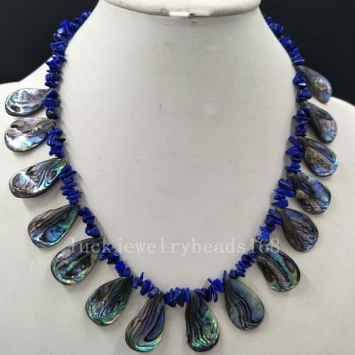 Free Shipping Fashion Jewelry New Zealand Ablone Shell Natural Lapis Lazuli Art Beads Necklace 17.5" FG8048
