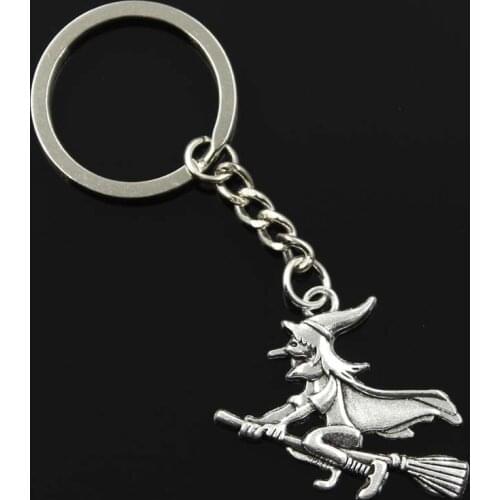 New Fashion Men 30mm Keychain DIY Metal Holder Chain Vintage Witch On Broomstick Halloween 36x34mm Silver Color Pendant Gift
