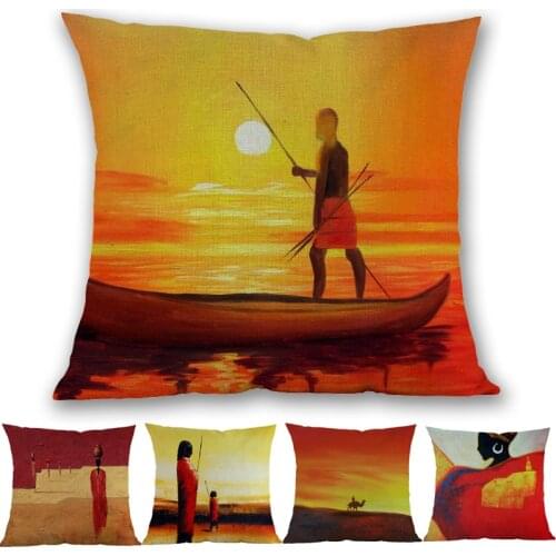 Orange Africa Abstract Oil Painting Art Pillow Case African Life Custom Hunting man Dance Woman Home Decoration Cushion Cover