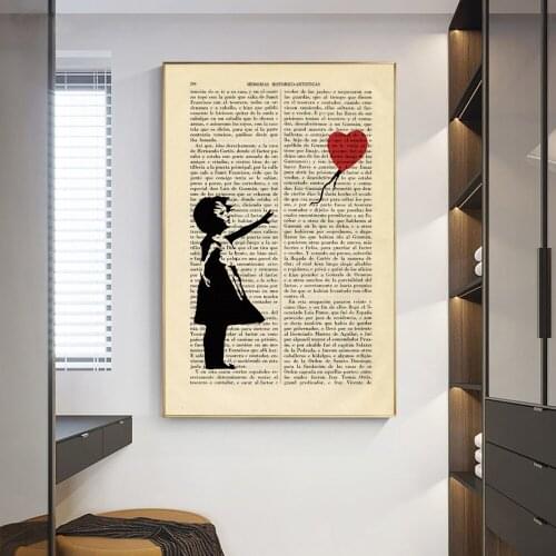 Girl Flying Heart Balloon Art Print Street Art Stencils Book Art Poster Room Gift Wall Decor Poster Dictionary Art Painting