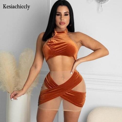 Kesiachiccly Velvet Elegant Party Dress Women Pleated Halter Sexy Bodycon Dress Summer Backless Mesh Vintage Sexy Club Dress