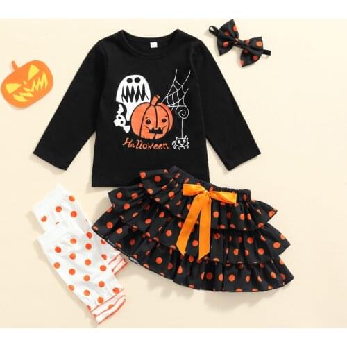 FOCUSNORM Halloween 2 Style Kids Girls Lovely Clothes Sets 4pcs Pumpkin Printed Long Sleeve T Shirts+Dot Skirts+Headband+Legging