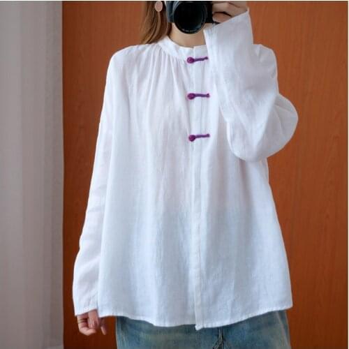 Chinese Style Clothing Women Shirts Stand Collar Casual Plus Size Blouses 2021 New Loose Vintage Tops Brief White Shirt 12282