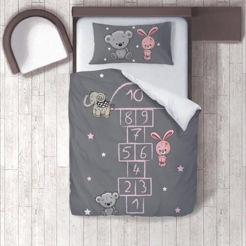Duvet Cover Set Bedding Set Pillow Case for Baby and Kids Room 3D Printed Gray Rabbit Bear Hopscotch Model 316