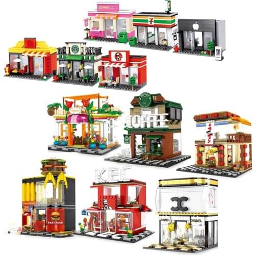 3D Model Building Blocks City street Retail Store Fast Food Shop Streetscape Set Street View Series Creator MOC Bricks for kids