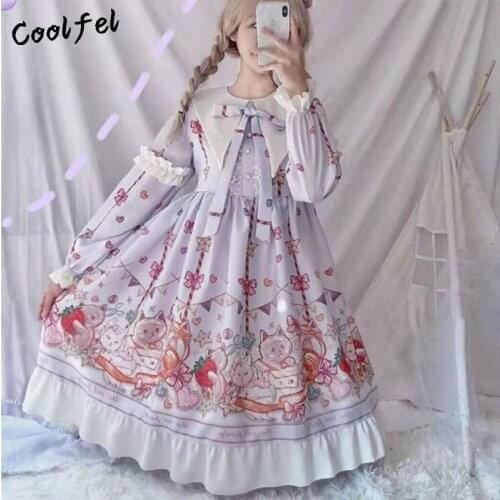 COOLFEL Japanese Harajuku Cute Womens Lolita Dress Flouncing Lace Trim Long Sleeves Lolita Girls Cosplay Party Dress