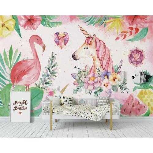 Beibehang wallpapers for living roomChildrens room wallpaper Nordic simple flamingo unicorn photo mural wallpaper for walls 3 d