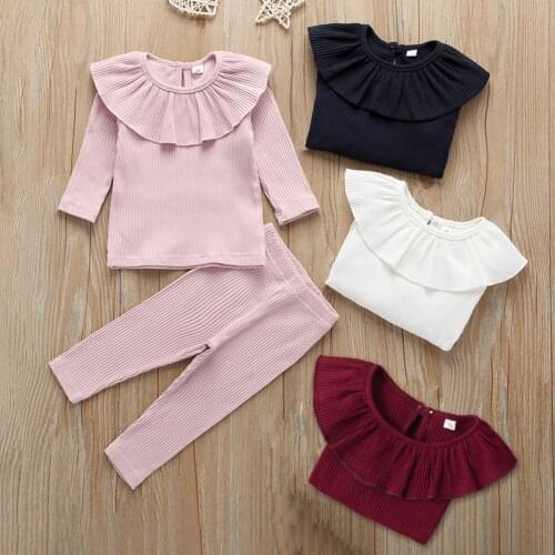 0-3Y Baby Clothes Girl Ruffle Knitted Tops Girls Long Sleeve Solid T-Shirt Toddler Leggings Kid Pants Kids Outfits 2pcs Set