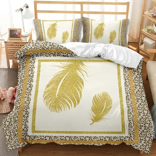 Gold Feather Printed Bedding Home Spin Deluxe Down Quilt Cover Pillowcase 2/3 Adult Children Bedroom Queen King Home Textilel
