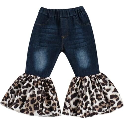 Infant Kids Baby Girls Flare Pants, Elastic Waist Leopard Patchwork Boot Cut Denim Long Trousers with Pocket 2-7Y