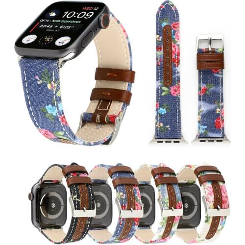 Summer Jeans Flowers Leather Band for Apple Watch Series 4 3 2 1 38mm 40mm 42mm 44mm Metal Clasp Watch Strap for iWatch Band