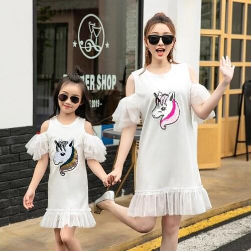 Family matching mother daughter mommy and me clothes sequins unicorn family look korean fashion clothing wear girls women dress