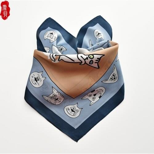 Sky blue lovely cat natural silk satin scarf women 100% real silk scarves child 50cm small square headband cute wrap ladies gift