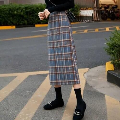 For Women Winter Warm Wool Elegant Office Lady Vintage Skirt Autumn Maxi Skirts Plus Size High Waist Midi Long Wool Plaid Skirt