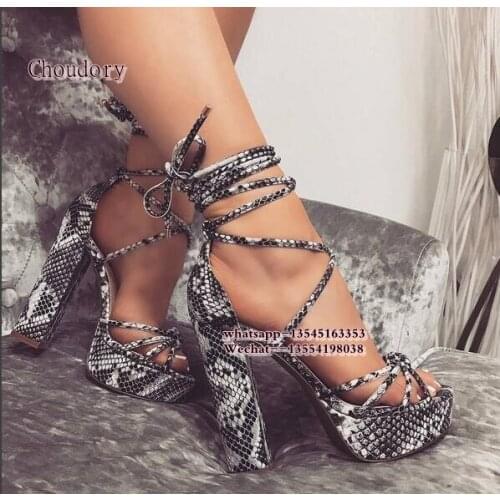 Women pu leather black snake print sandals sexy gladiator high heels lace up summer shoes chunky heels platform ladies pumps