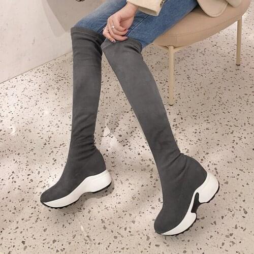 2021 New Winter Stretch Fabrics Over The Knee Stretch Boots Height Increasing Round Toe Women Shoes Casual Long Boots