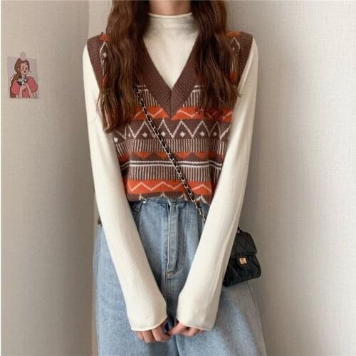 Retro Y2k Argyle Knitted Sweater Vest Womens Summer Autumn 2021 Fashion Preppy Style V-neck Sleeveless Slim Crop Top Streetwear