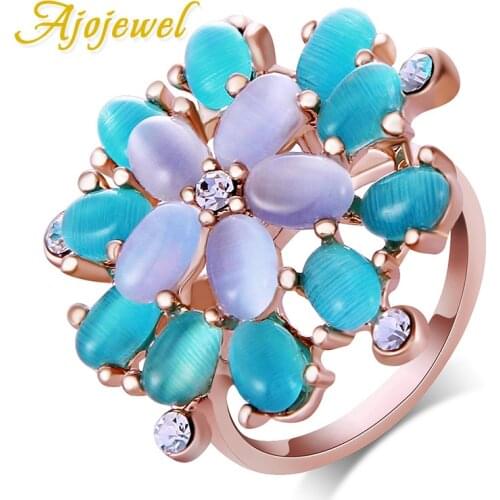 Ajojewel Purple Blue Opal Flower Rings For Women Cocktail Ring Luxury Finger Jewelry Wholesale Bague Bijioux