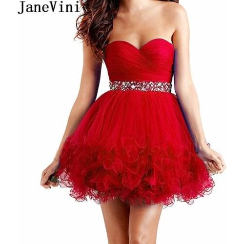 JaneVini Red Tulle Short Cocktail Dresses 2020 Beaded Pleat Mini Sweetheart Woman Party Night Dress Evening czerwona sukienka