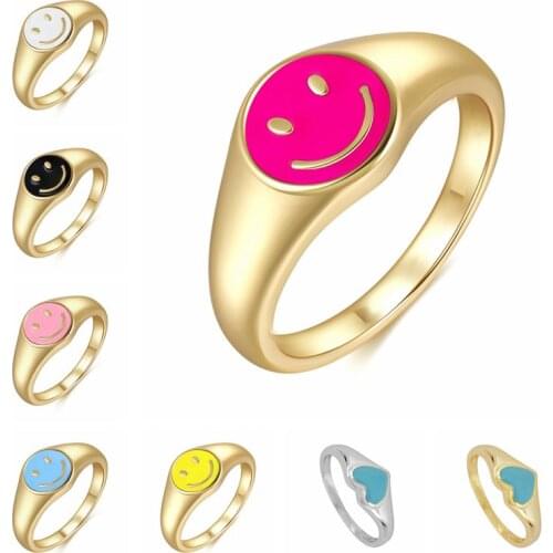 24k gold-plated silver Multicolor Enamel Smile Rings For Women Individuality Smiling Face/heart Rings Fashion Jewelry Gift 2021