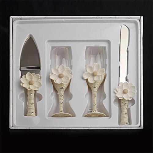 4pcs Ribbon Flower Decorated Stainless Steel Cake Knife Serving Set Champagne Wine Glass Goblet Cup For Wedding Birthday Party