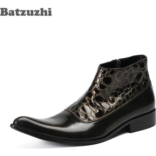 Batzuzhi Western Boots Men Zip Pointed Toe Genuine Leather Boots Men Business Dress Boots Short Motocycle Botas, Big Size US6-12