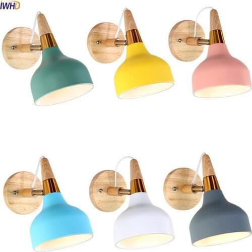 Wooden Nordic LED Wall Lamp Sconce Creative Colorful Iron E27 Fixture For Bedroom Bedside Living Room Decoration Applique Murale