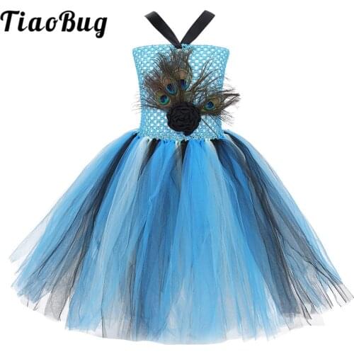 TiaoBug Kids Peacock Feather 3D Flower Applique Mesh Tutu Dress for Girls Halloween Carnival Cosplay Birthday Party Costume