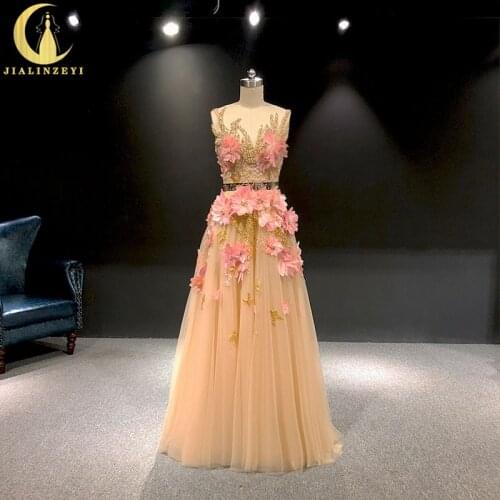 JIALINZEYI Real Picture Champagne with pink Feather Flowers Floor Length Elie saab Formal Dresses Party Evening Dresses