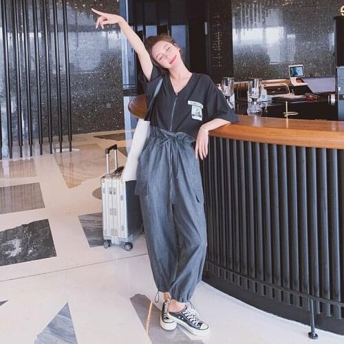 Summer Fashion Knitted Splice Denim Overalls Jumpsuit Women Short Sleeve Loose Streetwear Hip Hop Harem One Piece Pants Romper