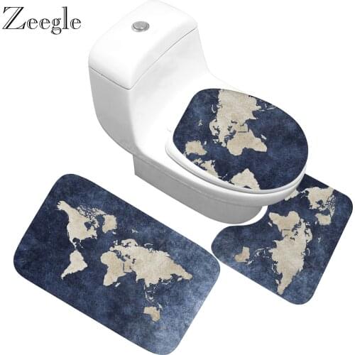 Zeegle World Map Printed Bathroom Bath Mat Pedestal Rug Lid Toilet Cover Bath Mat Set Non slip Water Absorb Floral Bathroom Mats