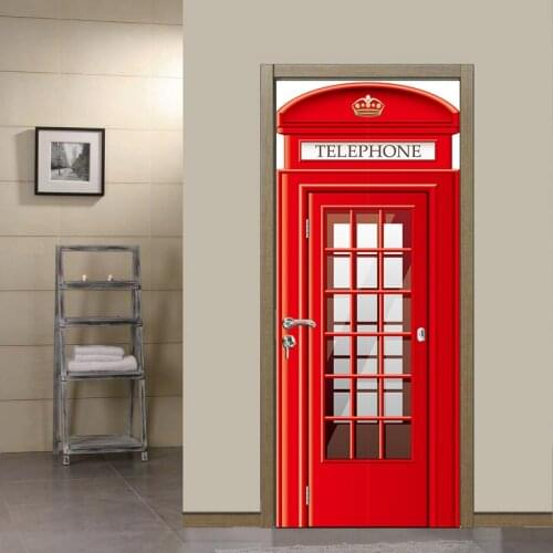 Vintage Red Phone Booth DIY Door Wall Stickers Home Decor Living Room Porch Art Mural Self-adhesive PVC Gloss Surface WallPaper