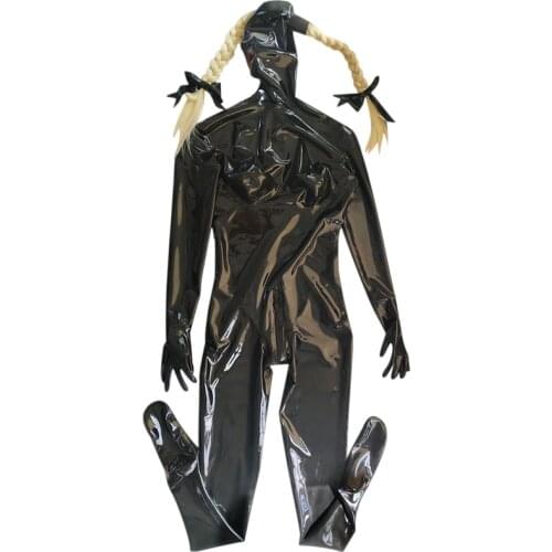 MEN FULL COVER LATEX CATSUIT MESH EYES WITH RED TEETH AND NOSE TUBE WITH HAIR CUSTOM MADE