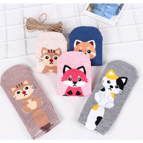 DONG AI 5 Pairs Women Cotton Short Tube Ankle Sock Cartoon animal Fox Socks Ladies Student Socks Lovely Girls Harajuku Sox
