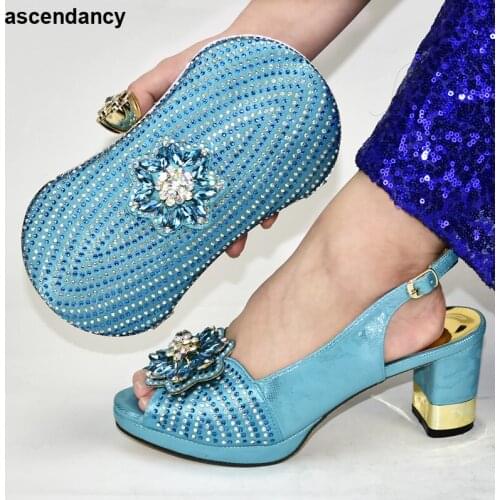 Latest Sky Blue Color Shoes and Bag Set African Sets 2020 Nigerian Wedding Shoes and Bag Nigerian Women Party Pumps High Heels