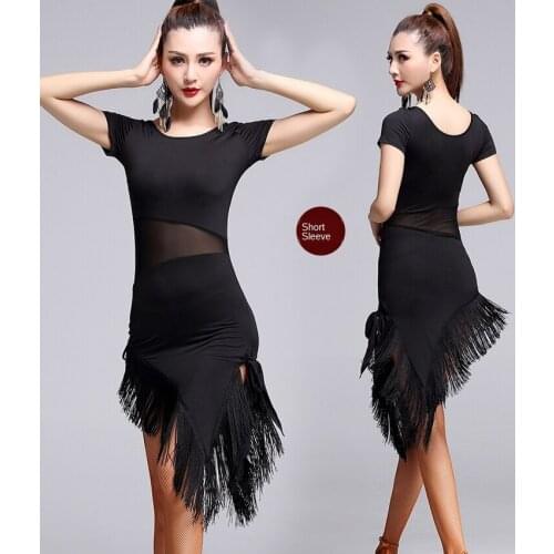 2021 New Adult Latin Dance Wear Dress Tassel Short Sleeve Summer Mesh Performance Exercise Clothing rumba/Salsa Dance Clothing
