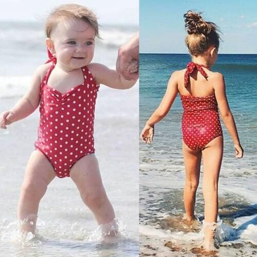 New Toddler Baby Girls Swimsuit Polka Dot Print Swimwear Halter Bandage Bikini Set Princess Bathing Suit Kids Backless Beachwear