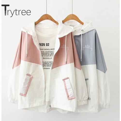 Trytree 2020 Autumn Hooded Coat Casual Zipper Women 3 Colors Patchwork Polyester Pockets Letter Trench Fashion Loose Thin Coat