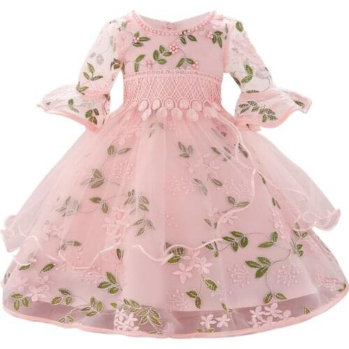 Baby girls embroidered beads bow knot five-point sleeve net gauze princess dress full moon dress party dress flower girl dress