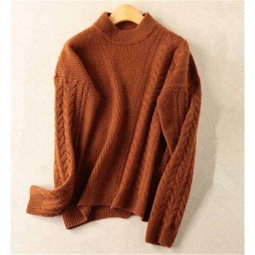 New arrival pure cashmere twisted knit women fashion half high collar loose pullover sweater solid color S-L