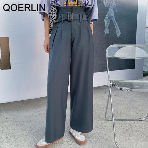 QOERLIN Ladies Pants Women High Waist Belted Trouser Suit Elegant Wide Leg Straight Drape Long Trouser Plus Size Office Ladies